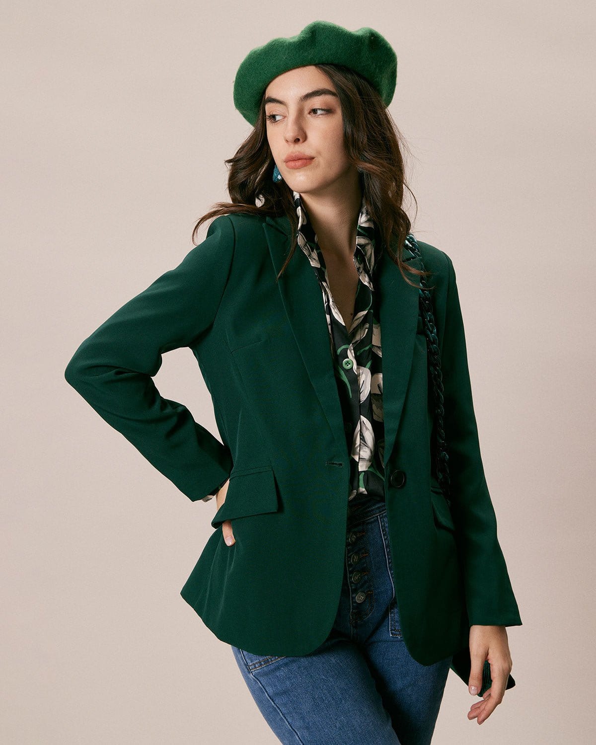 Yeşil Lapel Yaka Tek Düğmeli Blazer