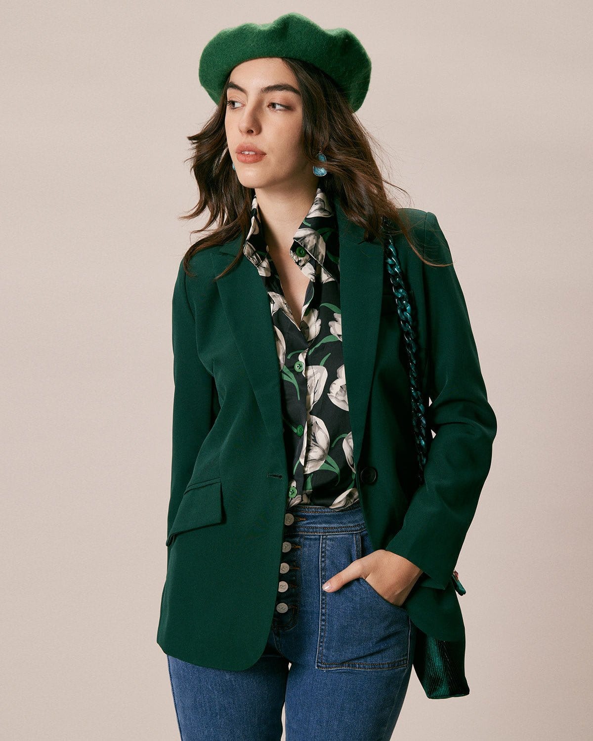 Yeşil Lapel Yaka Tek Düğmeli Blazer