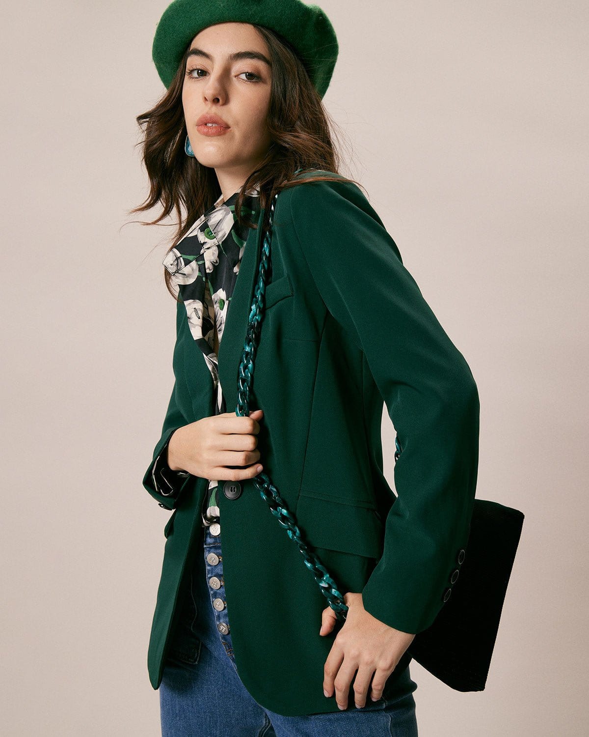 Yeşil Lapel Yaka Tek Düğmeli Blazer