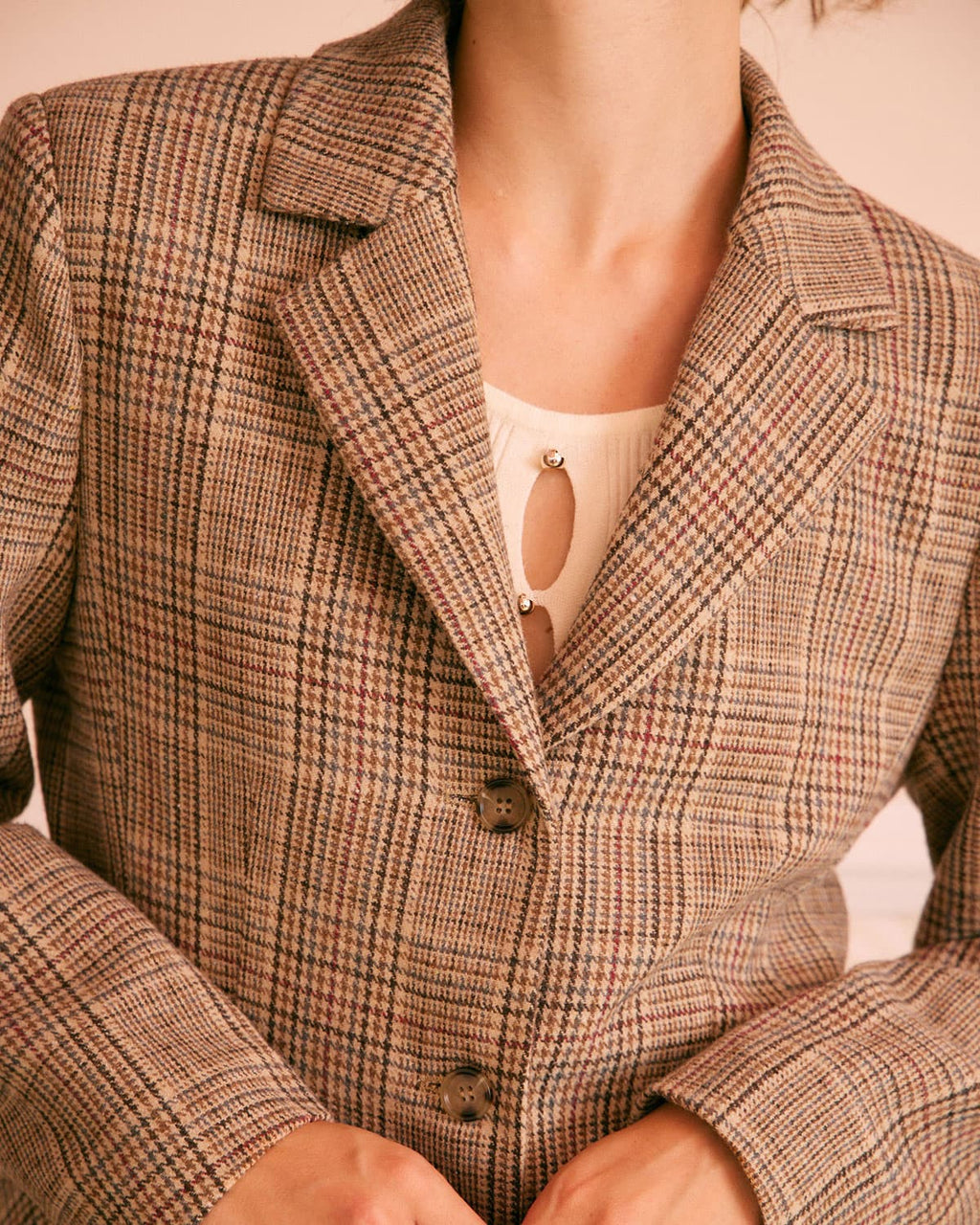 Kahverengi Yaka Ekose Tek Sıra Düğmeli Blazer