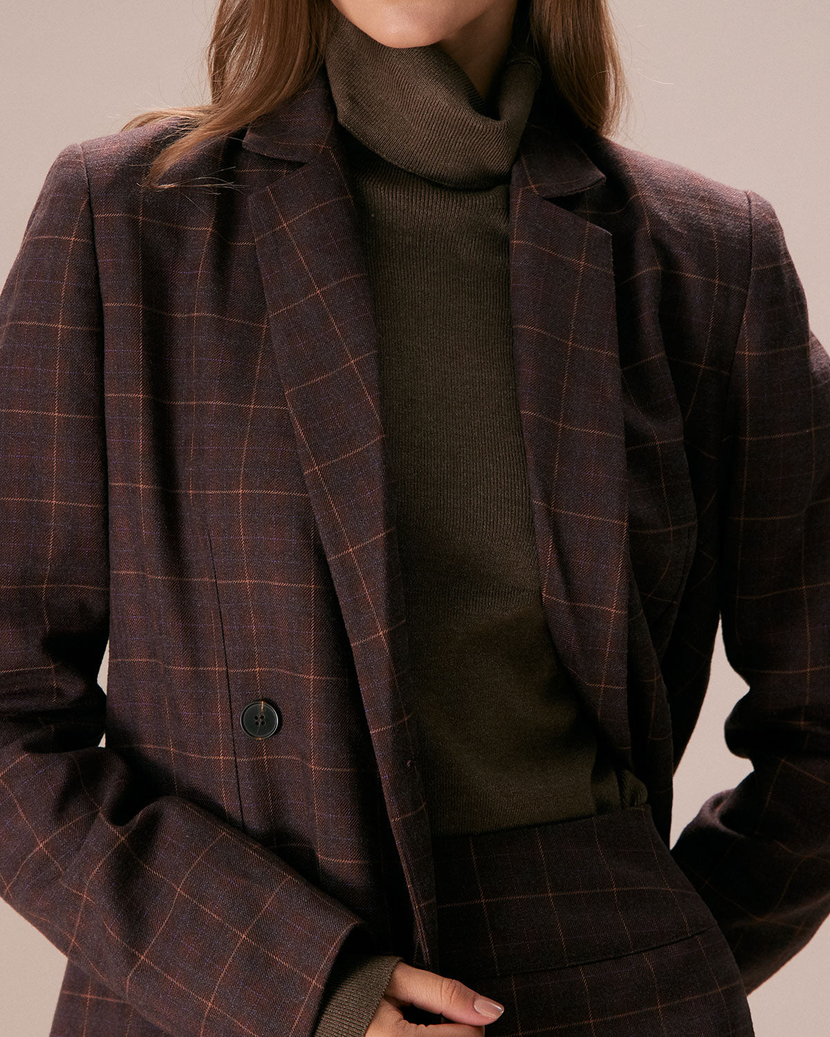 Kahverengi Lapel İki Düğmeli Kareli Blazer