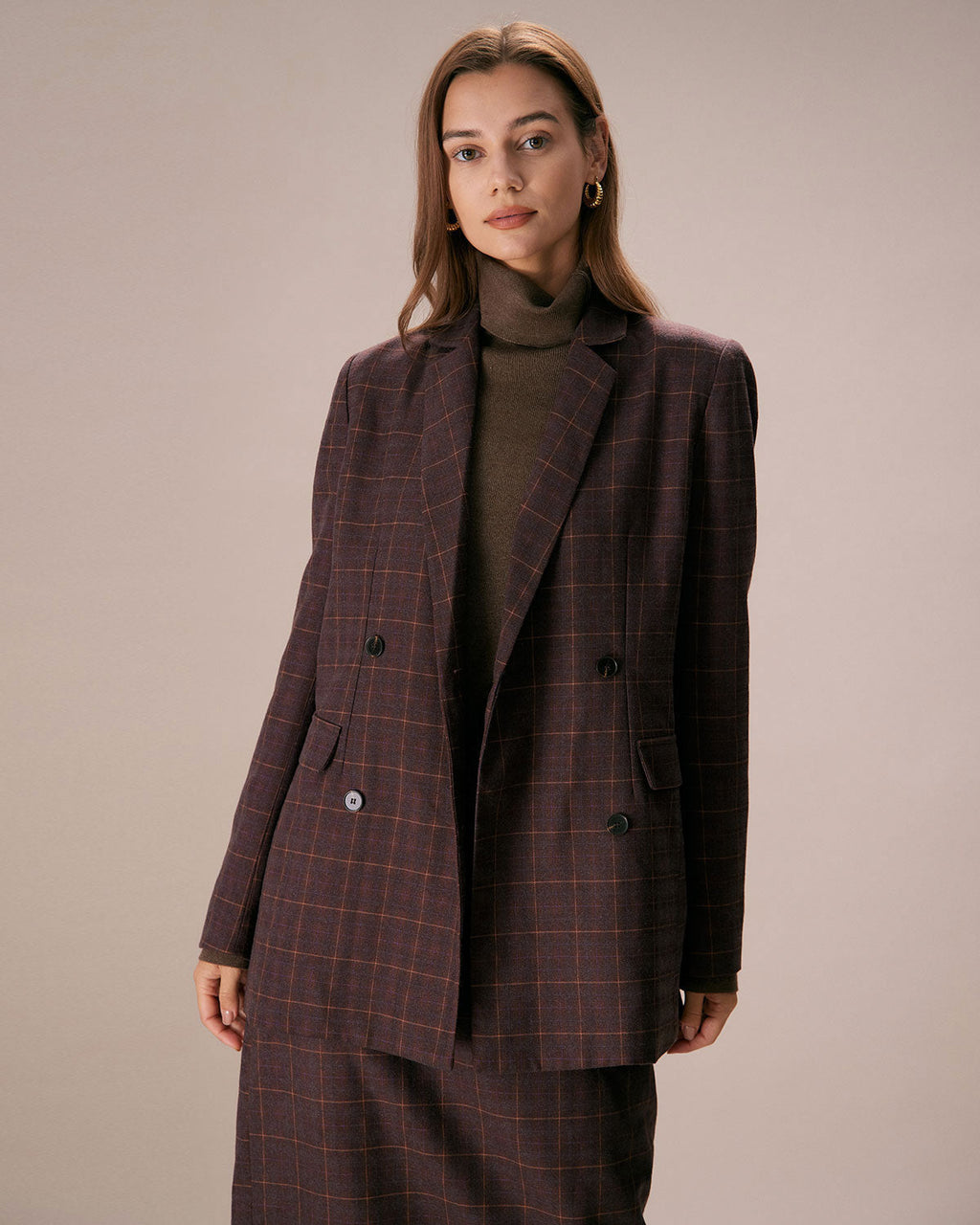 Kahverengi Lapel İki Düğmeli Kareli Blazer
