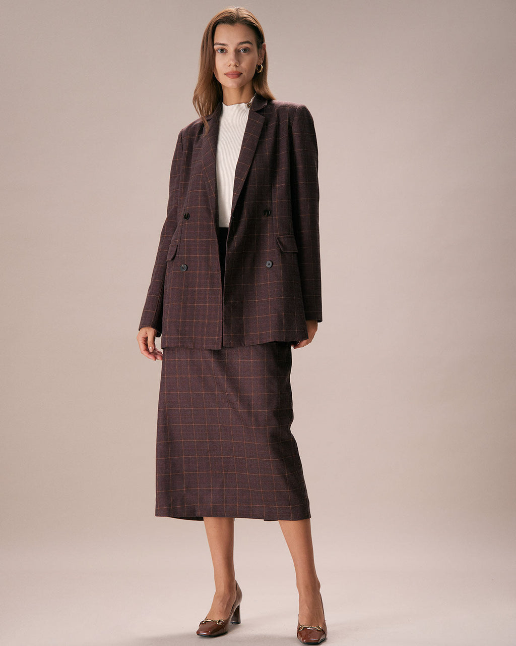 Kahverengi Lapel İki Düğmeli Kareli Blazer