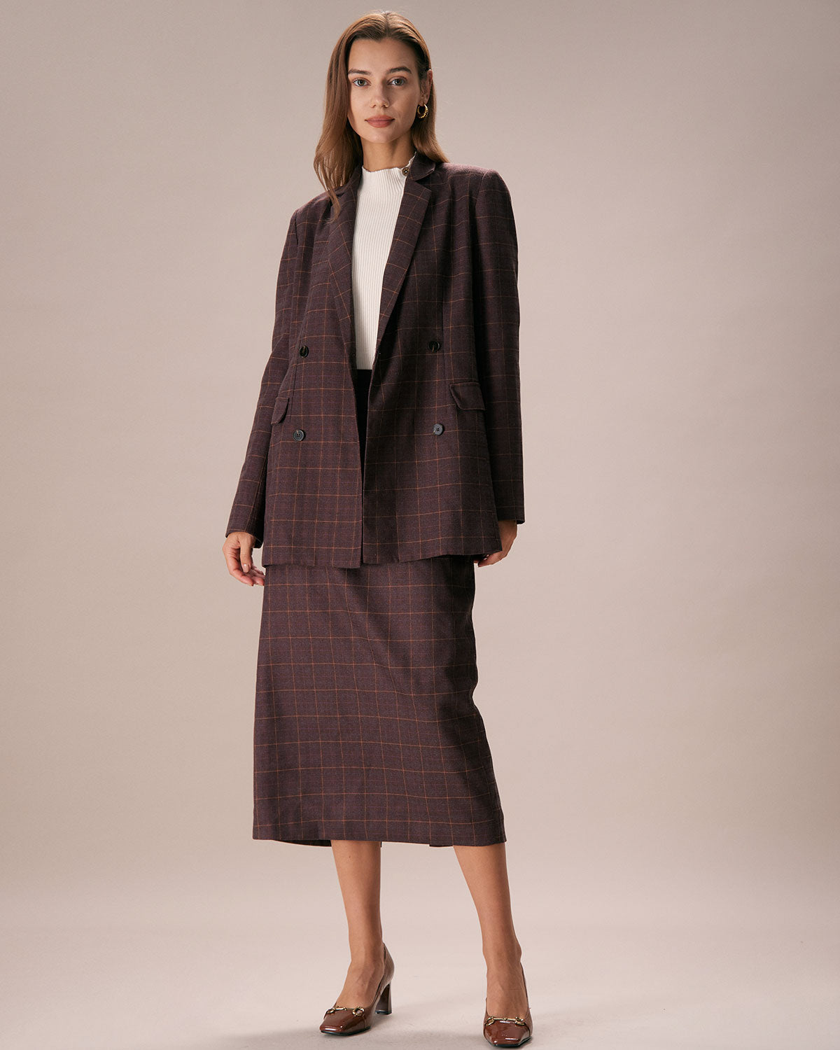 Kahverengi Lapel İki Düğmeli Kareli Blazer