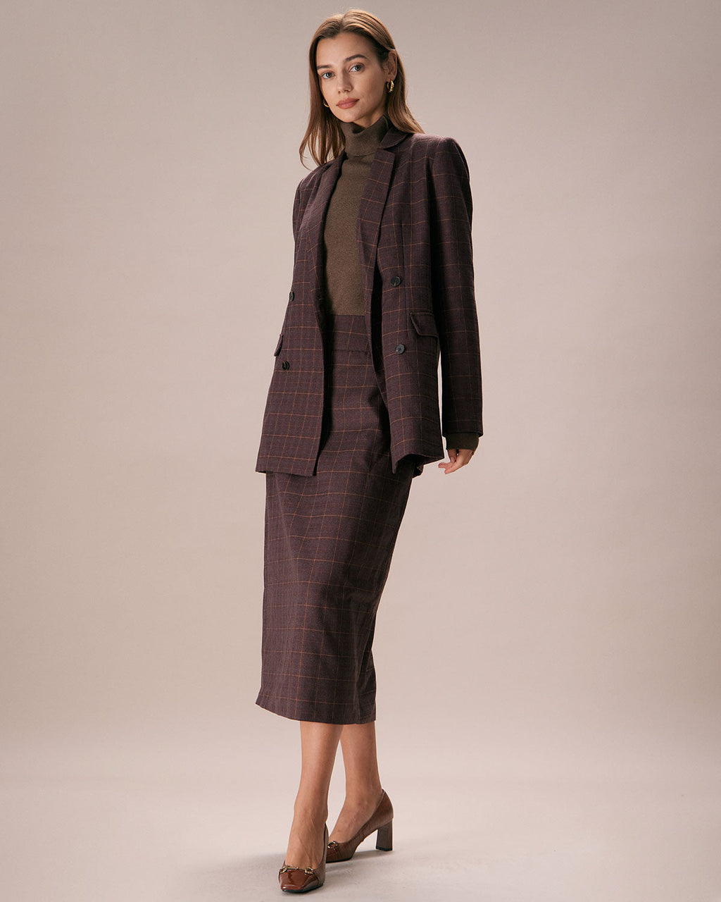 Kahverengi Lapel İki Düğmeli Kareli Blazer