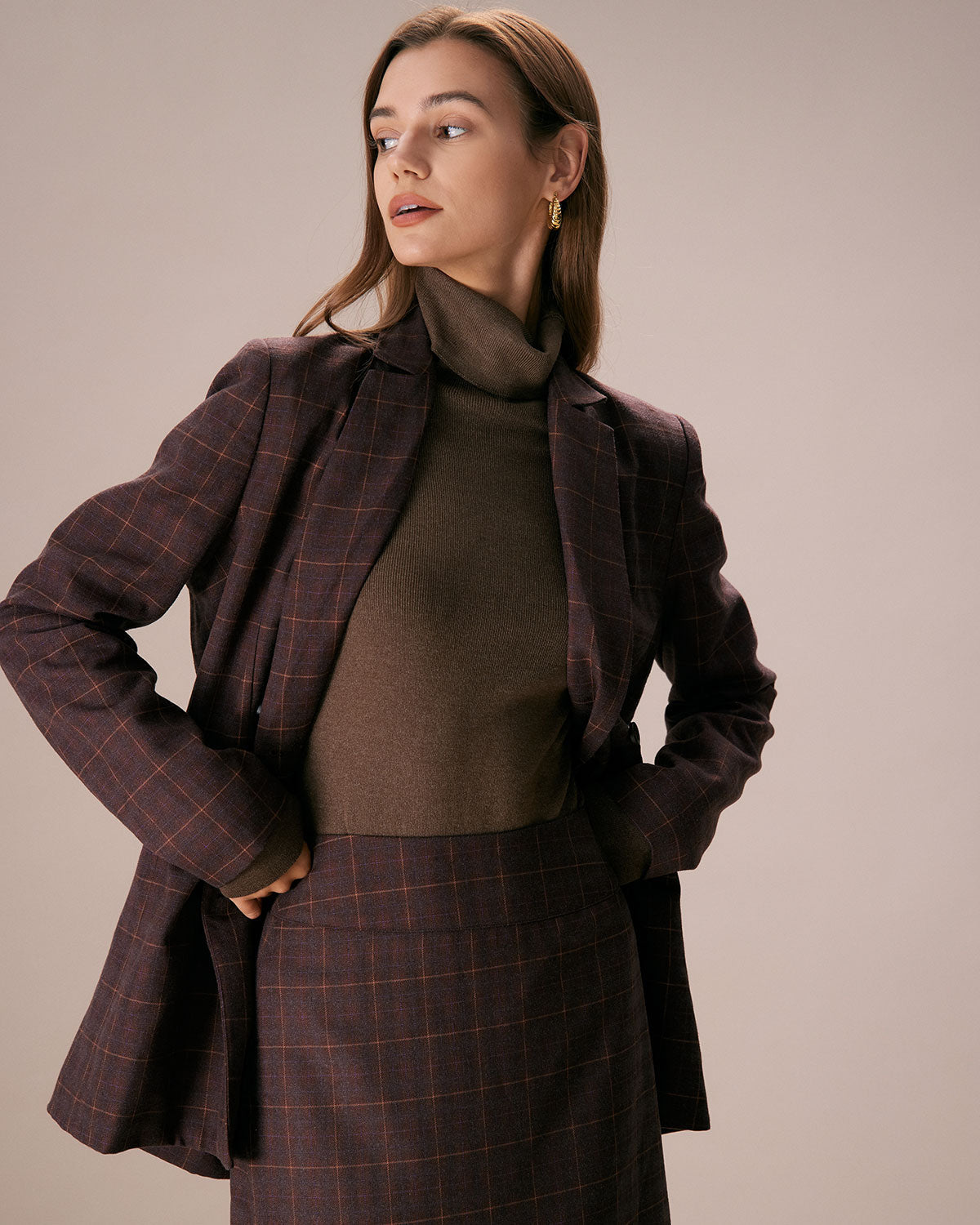 Kahverengi Lapel İki Düğmeli Kareli Blazer