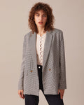 Kahverengi Lapel Houndstooth Düğmeli Blazer
