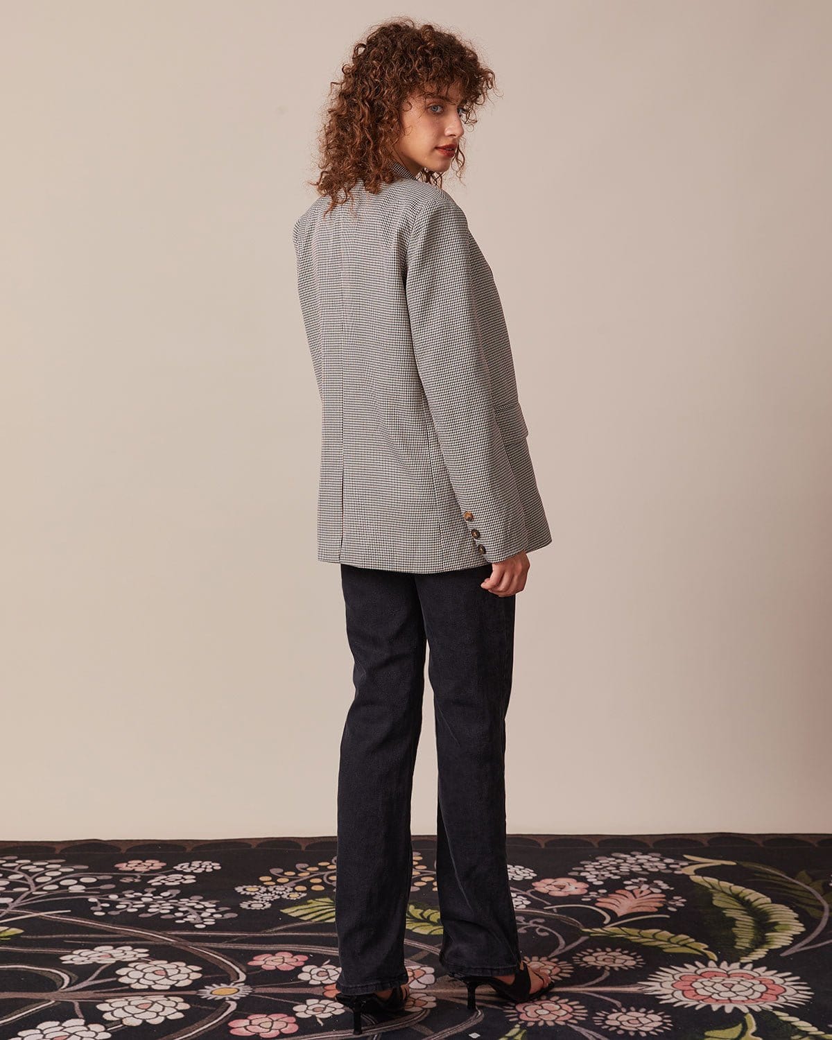 Kahverengi Lapel Houndstooth Düğmeli Blazer