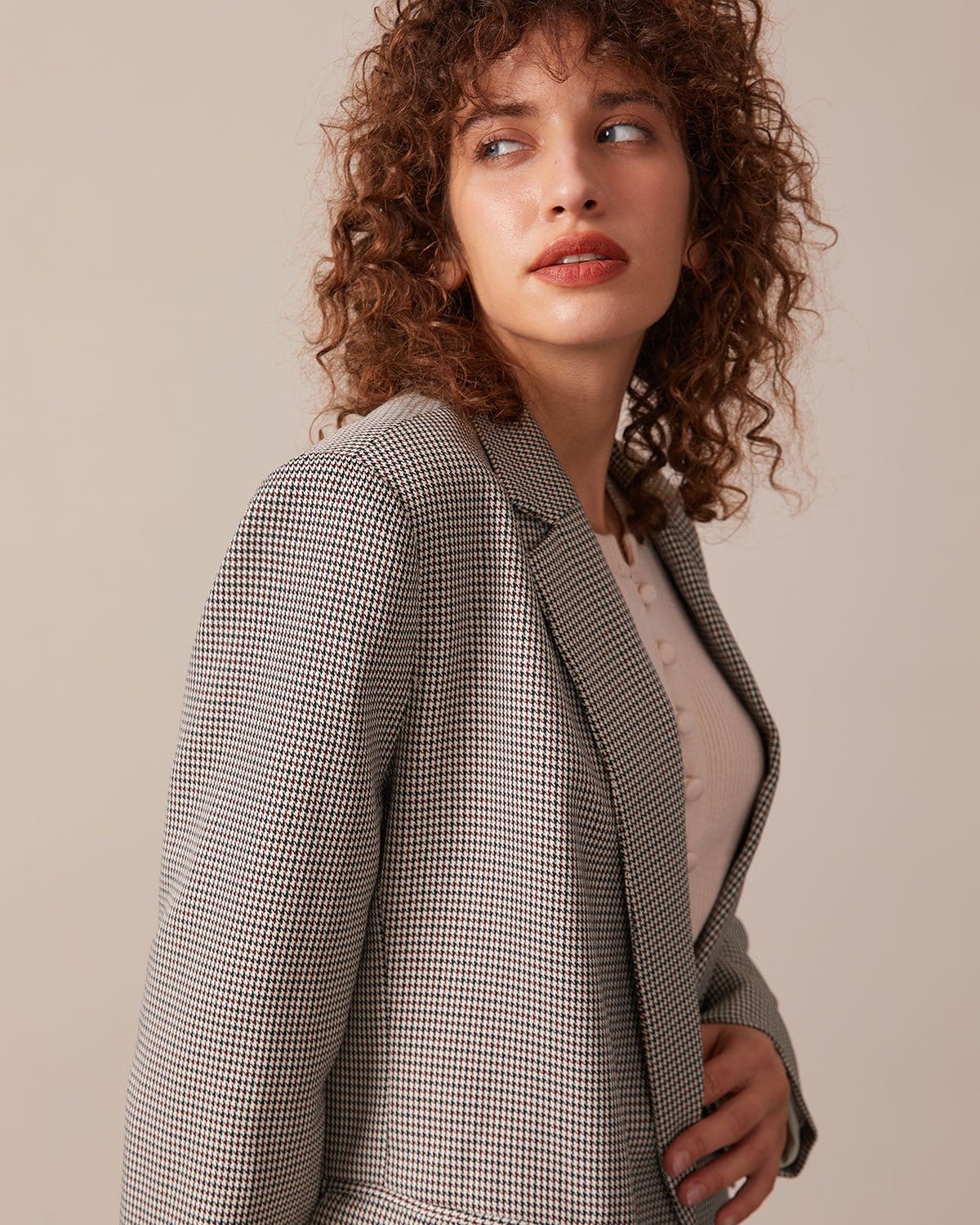 Kahverengi Lapel Houndstooth Düğmeli Blazer