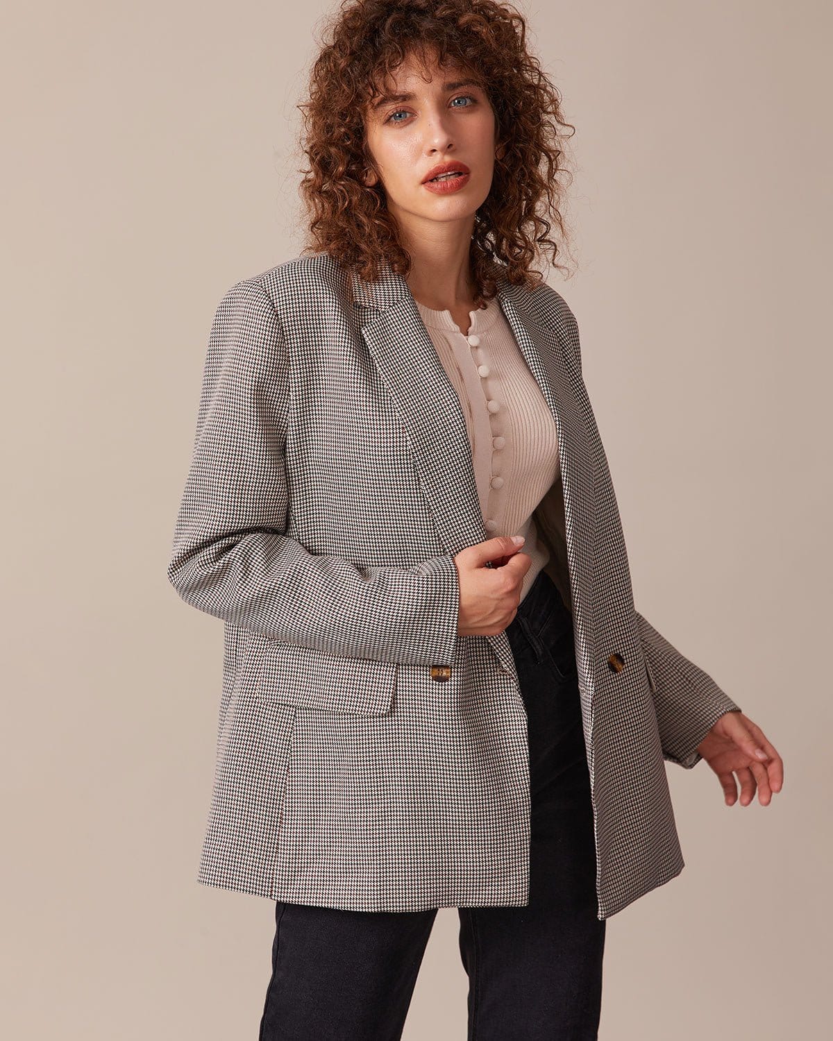Kahverengi Lapel Houndstooth Düğmeli Blazer