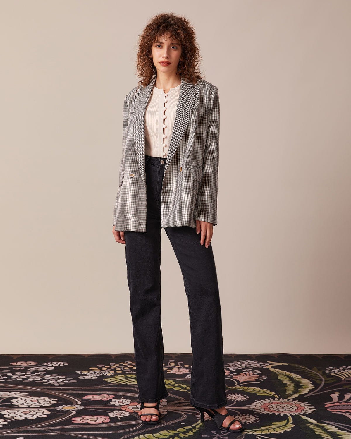 Kahverengi Lapel Houndstooth Düğmeli Blazer