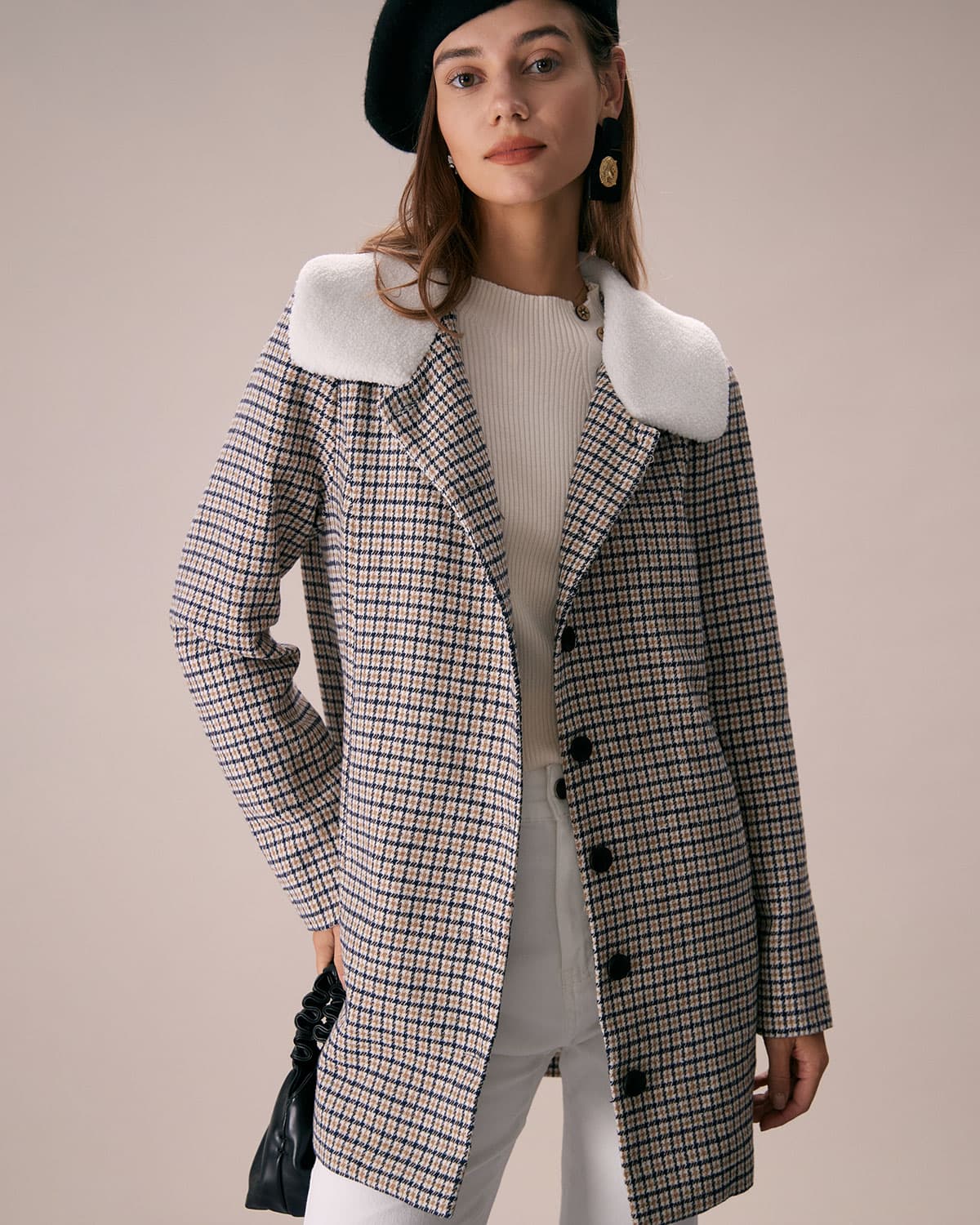 Beyaz Yaka Tek Sıra Düğmeli Ekose Blazer