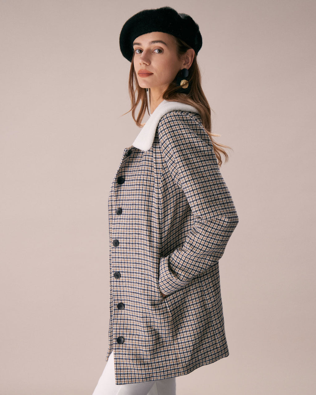 Beyaz Yaka Tek Sıra Düğmeli Ekose Blazer