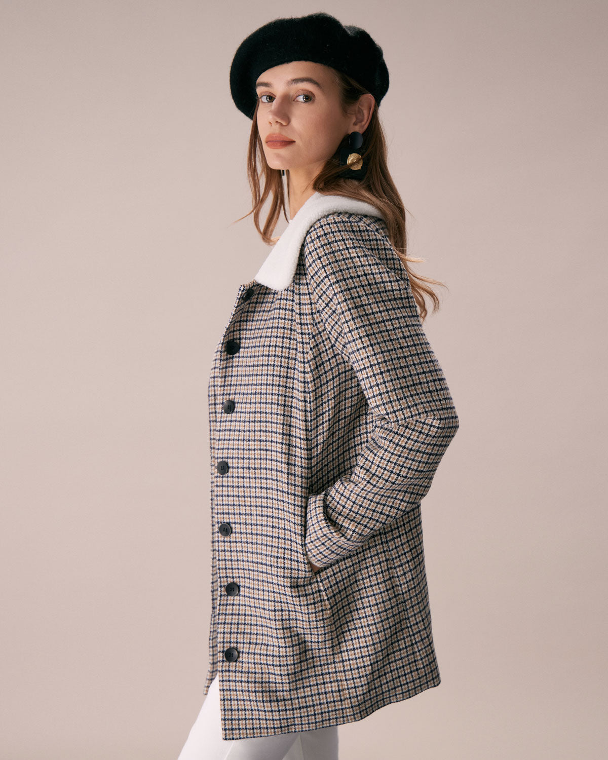 Beyaz Yaka Tek Sıra Düğmeli Ekose Blazer