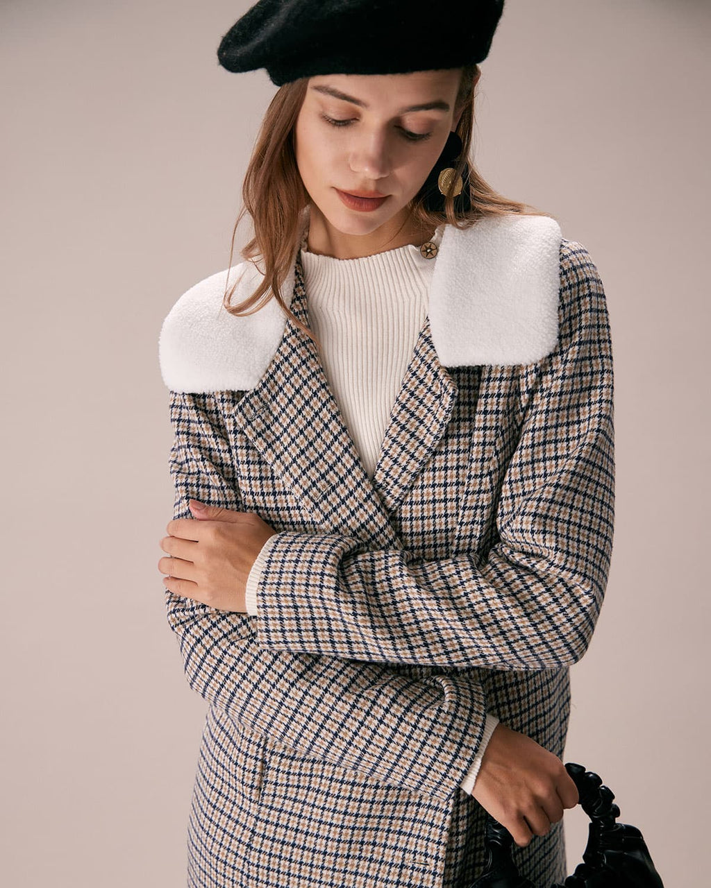 Beyaz Yaka Tek Sıra Düğmeli Ekose Blazer