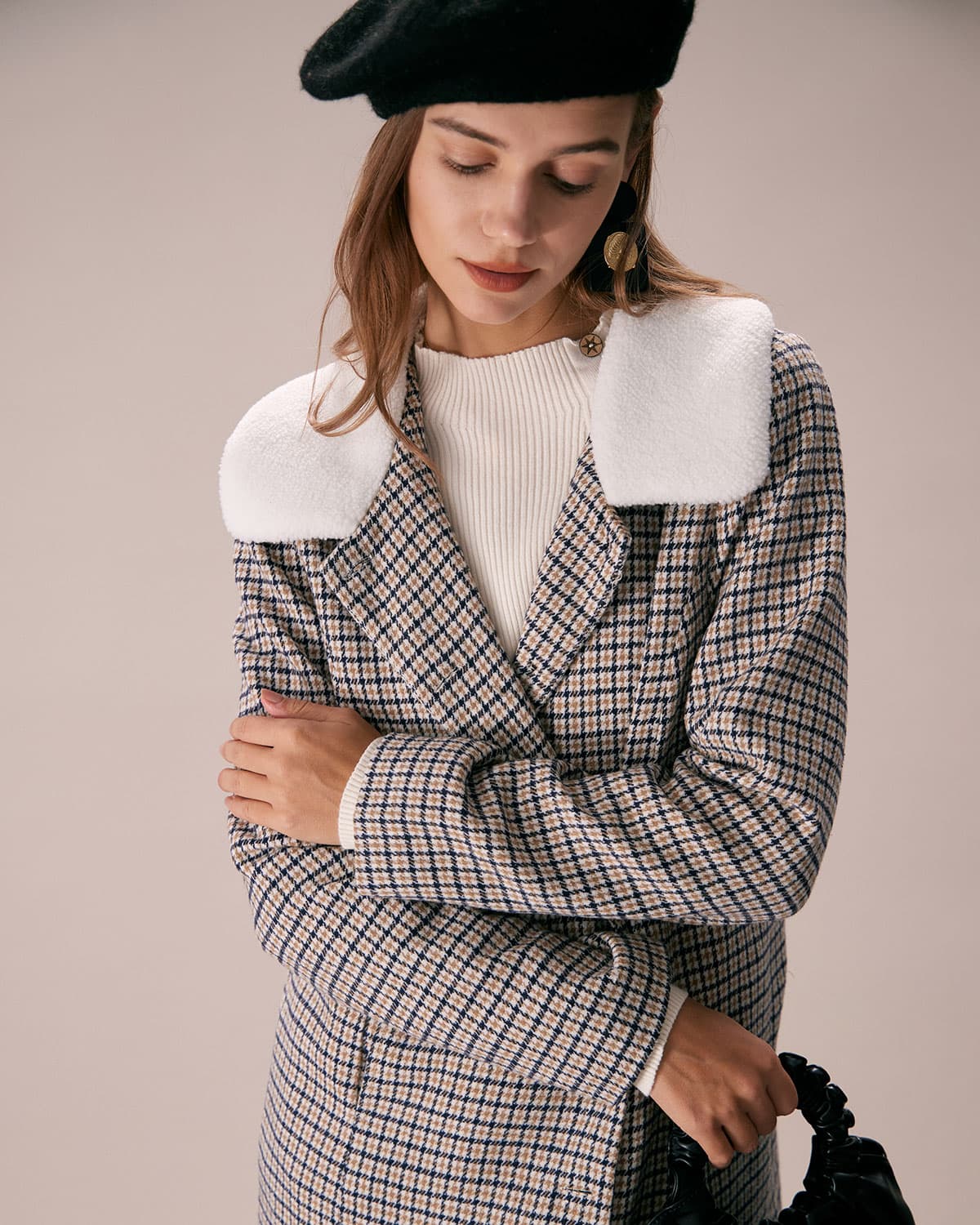 Beyaz Yaka Tek Sıra Düğmeli Ekose Blazer