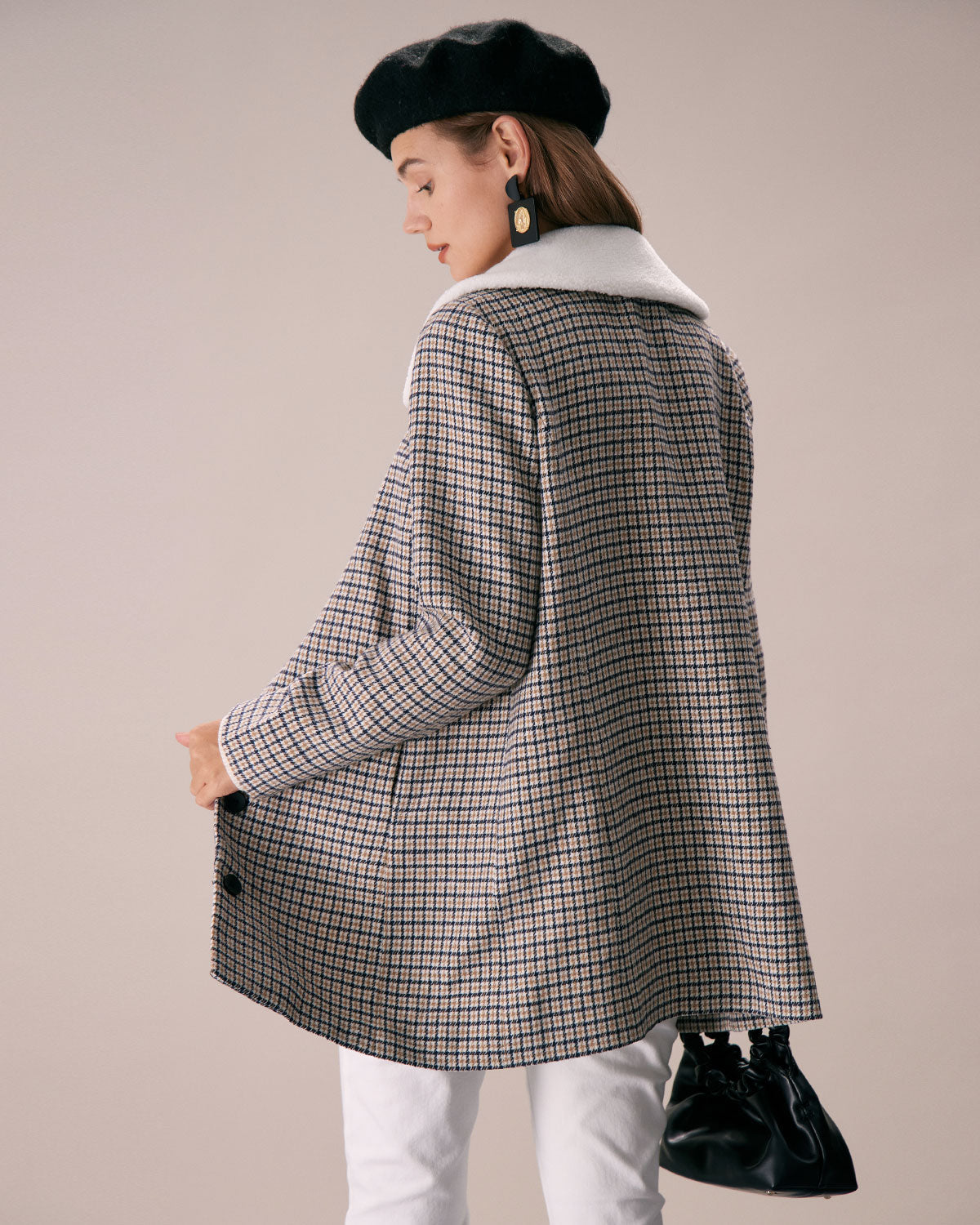 Beyaz Yaka Tek Sıra Düğmeli Ekose Blazer