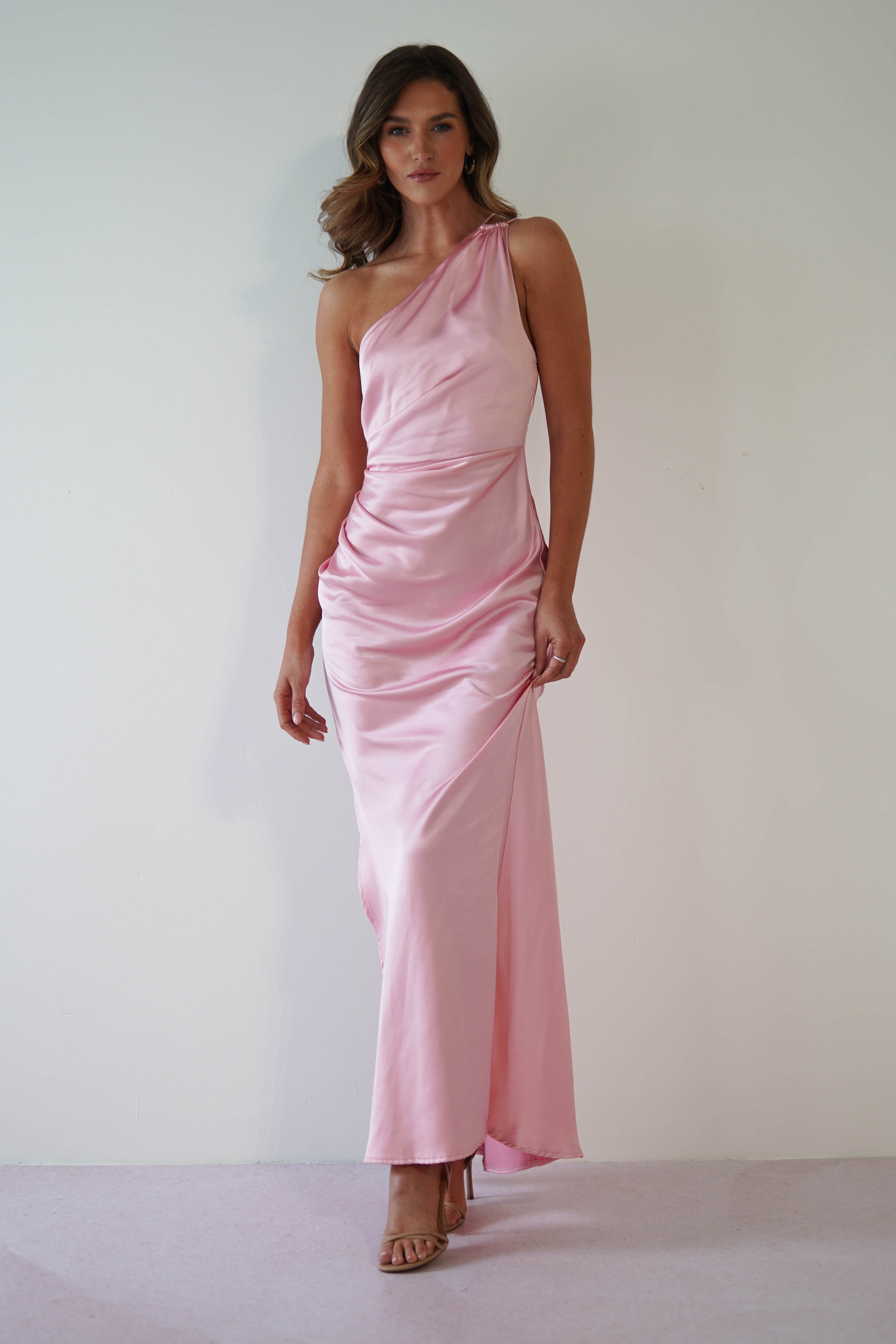 Thessy Yumuşak Saten Maksi Elbise | Pembe