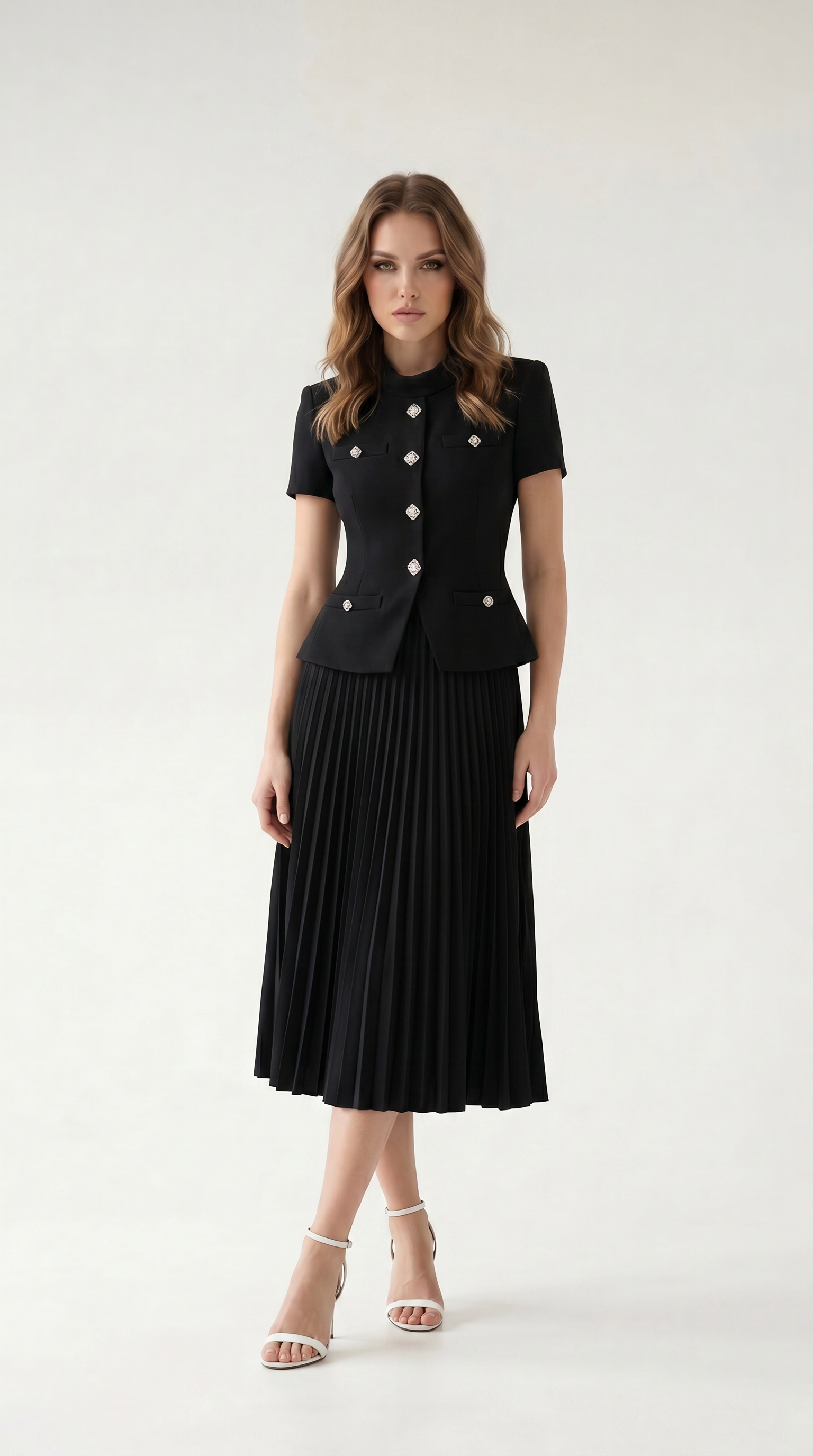 Chic Buttoned Blazer & Pleated Midi Skirt Set