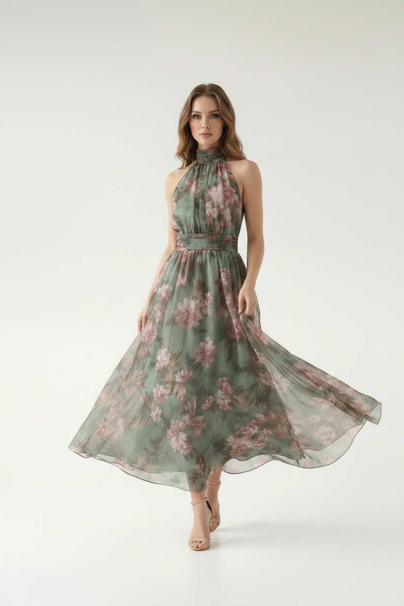 Çiçek Desenli Halter Yaka Maxi Elbise
