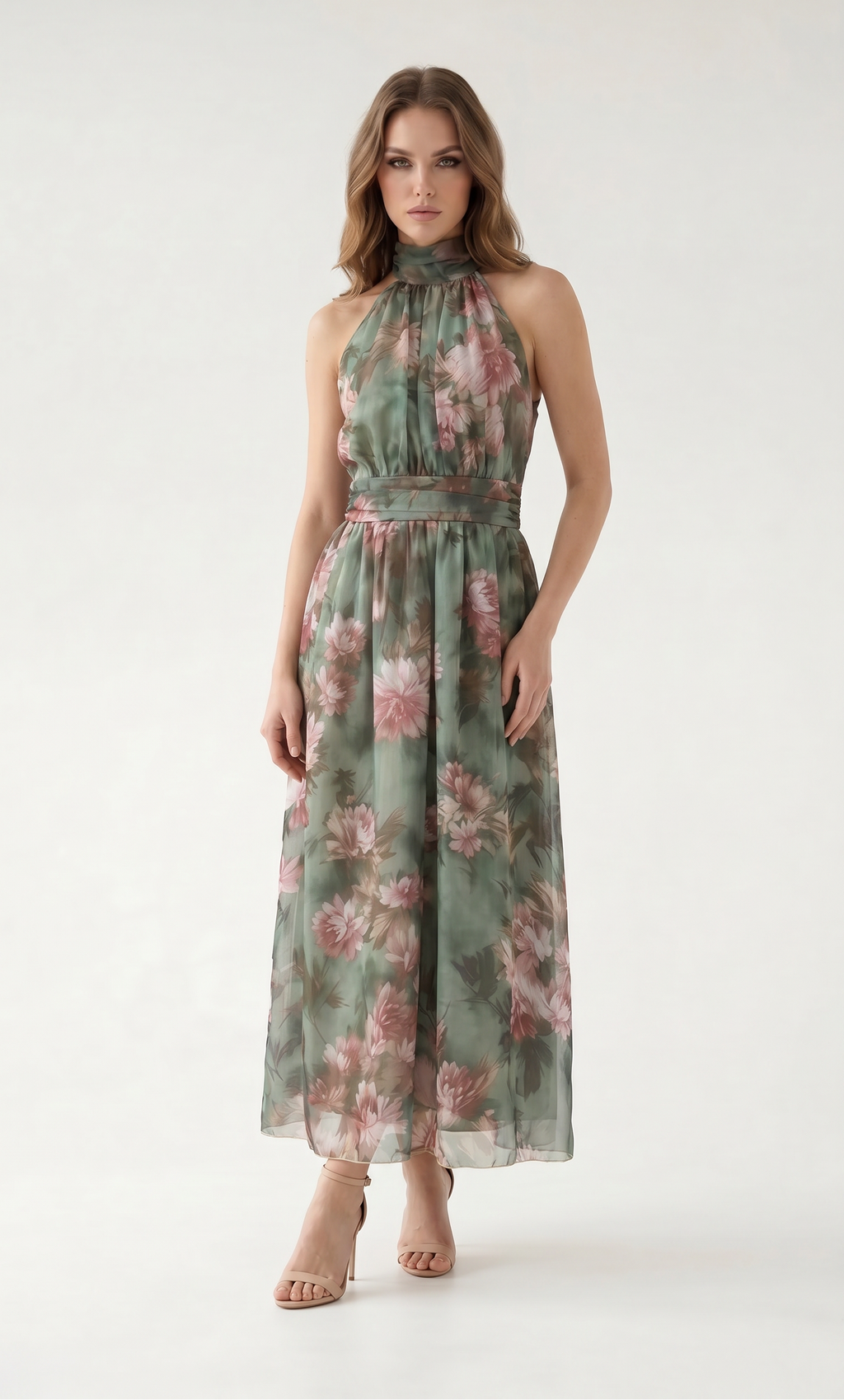 Çiçek Desenli Halter Yaka Maxi Elbise