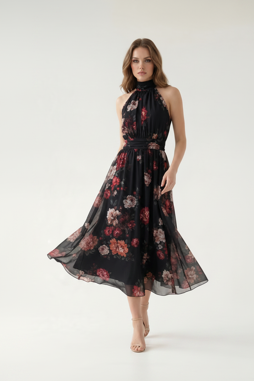 Çiçek Desenli Halter Yaka Maxi Elbise