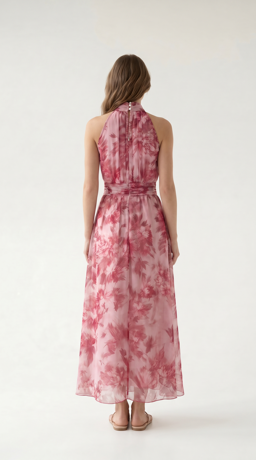 Çiçek Desenli Halter Yaka Maxi Elbise
