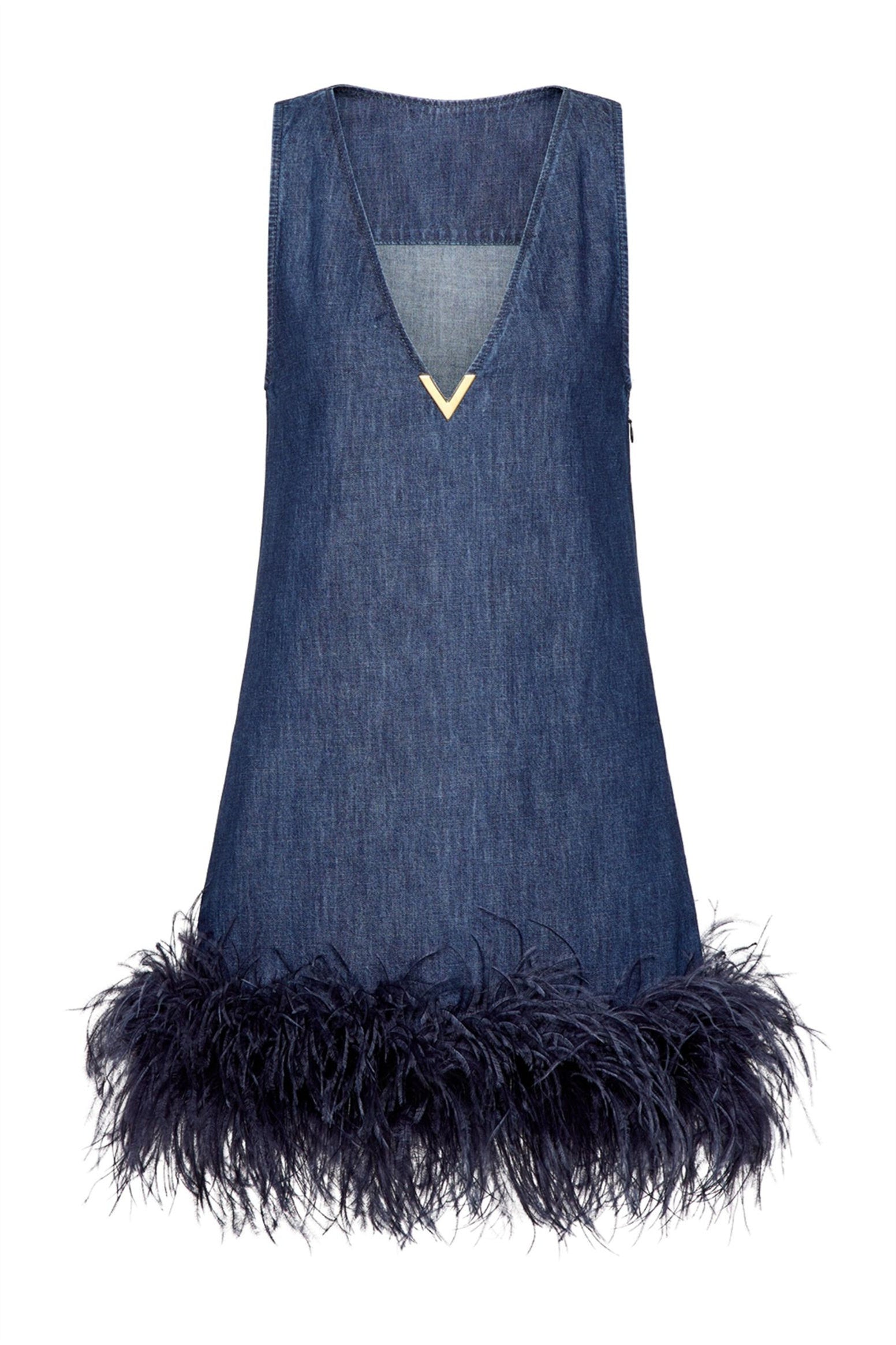 Tüy Detaylı Denim Mini Elbise Takım