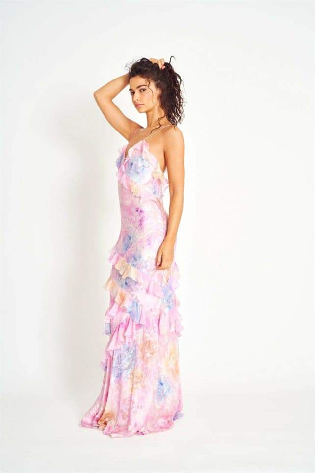 Virginia Çiçekli Fırfırlı Maxi Slip Elbise