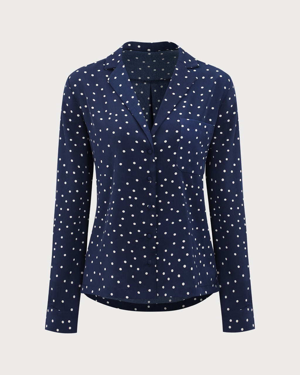Lacivert V Yaka Puantiye Desenli Cep Bluzu