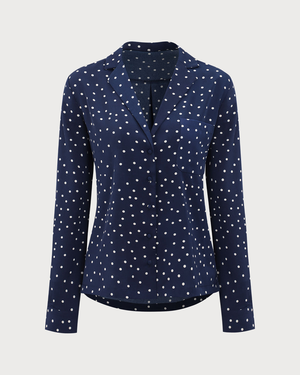 Lacivert V Yaka Puantiye Desenli Cep Bluzu