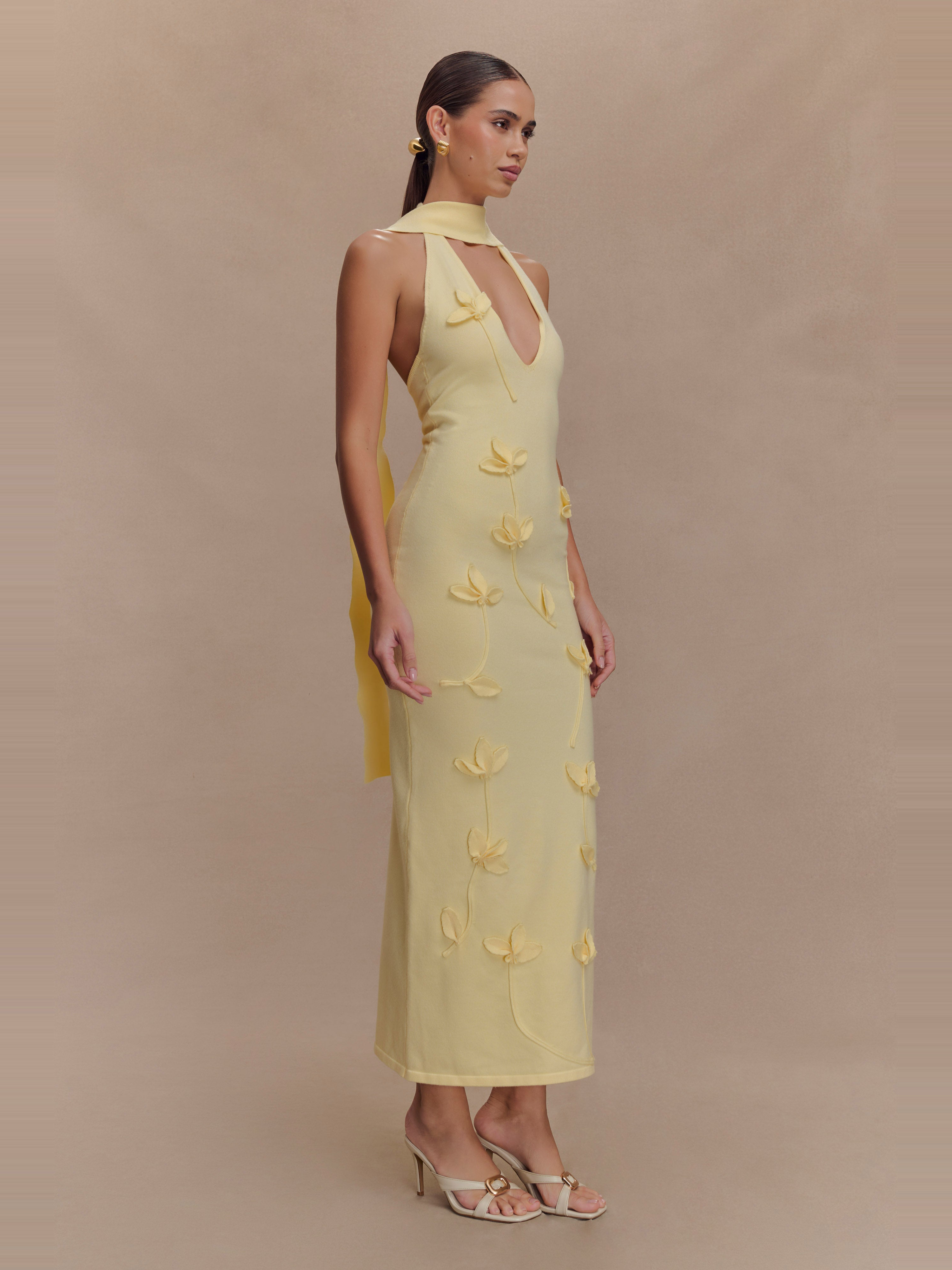 Wynn Limon Sarısı Çiçekli Triko Midi Elbise